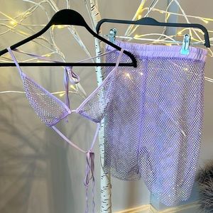 2 piece sparkle Rave festival set lavender purple with crystals. String top